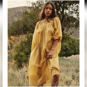 DÔEN Mustard Yellow Smocked Maxi Dress Organic Cotton XXS Oversized Boho